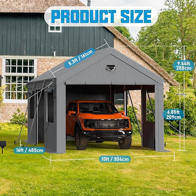 10x16 Carport, Heavy Duty Carport Canopy Garage with Removable Sidewalls and Drive Through Roll Up Zipper Doors & Side Doors, Grey