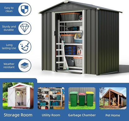JYQAQA 6x4 FT Outdoor Garden Storage Shed,Waterproof Metal Garden Sheds with Lockable Double Door,Weather Resistant Steel Tool Storage House Shed forPatio,Lawn Gray