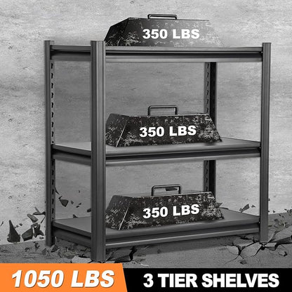 Metal Garage Shelving Unit, Heavy Duty 3-Tier 1050 LBS Loads Adjustable Storage Rack Garage Storage Shelves, Industrial Utility Shelf for Garages, Warehouses, Kitchen, Black