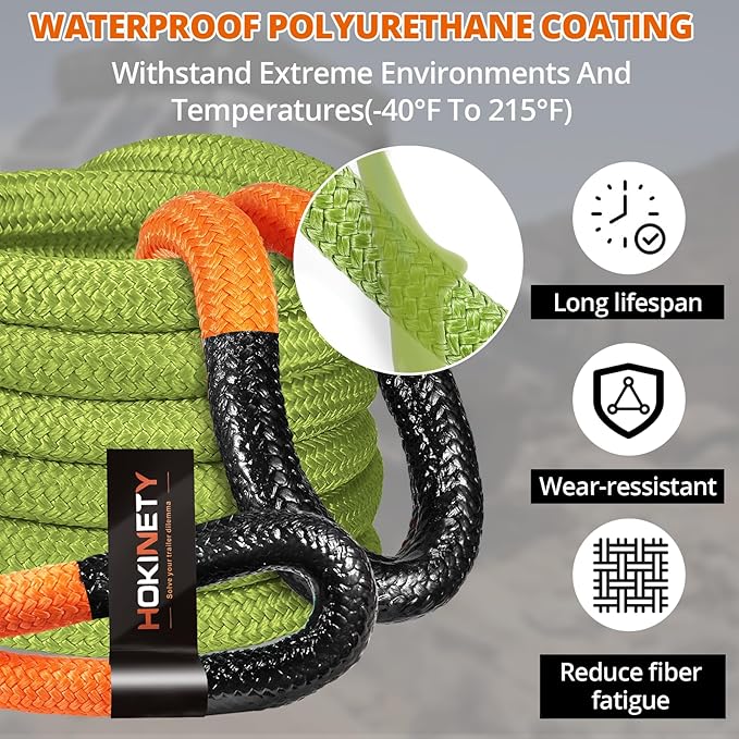 Kinetic Recovery Tow Rope 1-1/8" x30ft Offroad Snatch Strap 48000lbs Heavy Duty Towing Straps Kit for Trucks SUV UTV ATV Tractor Car Jeep - ArmyGreen