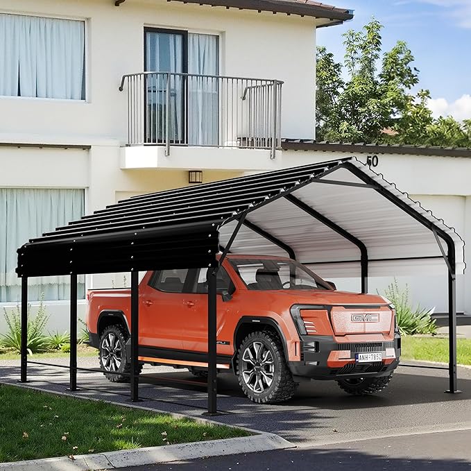 Walsunny Metal Carport 12x15 FT Heavy Duty Carport Canopy with Enhanced Base, Outdoor Car Shelter with Galvanized Steel Roof and Frame Garage for Truck, SUV, Boat, Gray