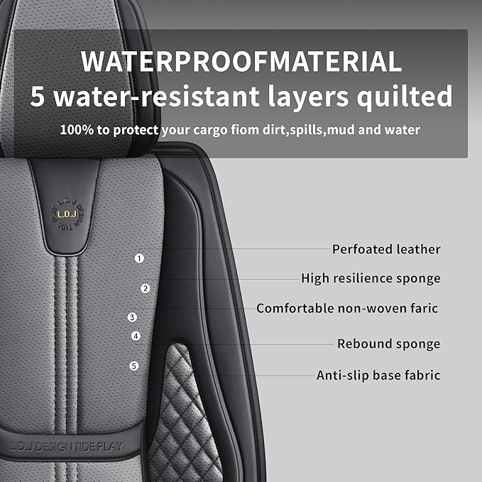 Car Seat Covers Full Set, Black Seat Cover for Cars Compatible Airbag, Easy Install Luxury Leather Automotive Seat Covers with Lumbar Support, for Car, Truck, SUV, Grey