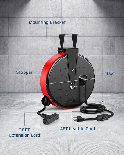 DEWENWILS 30 Ft Retractable Extension Cord Reel, Ceiling or Wall Mount 16/3 Gauge SJTW Power Cord with 3 Electrical Outlets Pigtail for Garage and Shop, 10 Amp Circuit Breaker, Metal Plate, UL Listed