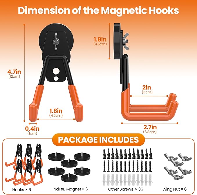 6 Pack Large Magnetic Hooks Heavy Duty Extra Strong Magnetic Garage Hooks Big NdFeB Industrial Magnet Hooks Magnetic Utility Storage Holder Organization with Anti-Slip Coating for Hanging Garden Tool