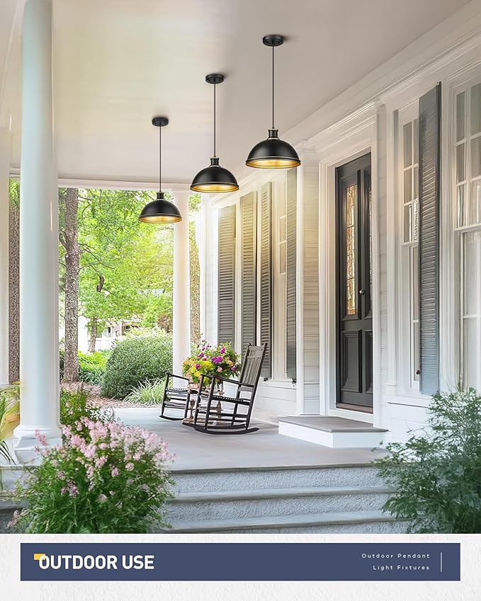 kudos Outdoor Pendant Light, 12" Large 1-Light Hanging Porch Lights, Black Outside Chandelier for Porch Gazebo Patio Entryway, KDOPL03-BK-S