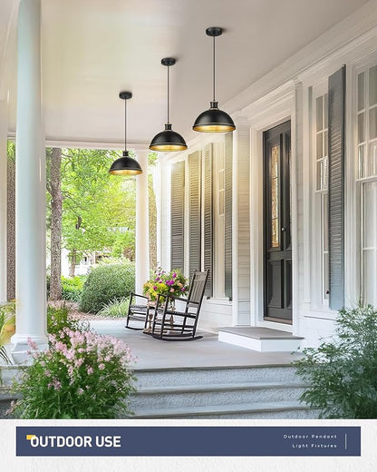kudos Outdoor Pendant Light, 12" Large 1-Light Hanging Porch Lights, Black Outside Chandelier for Porch Gazebo Patio Entryway, KDOPL03-BK-S