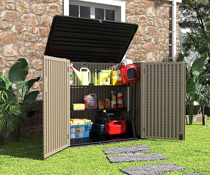 HOMSPARK Storage Shed Weather Resistance, Multi-Purpose Outdoor Storage Cabinet for Backyards and Patios, Horizontal Storage Shed for Lawnmower, Patio Accessories (Coffee, X Large - 48 cu.ft)