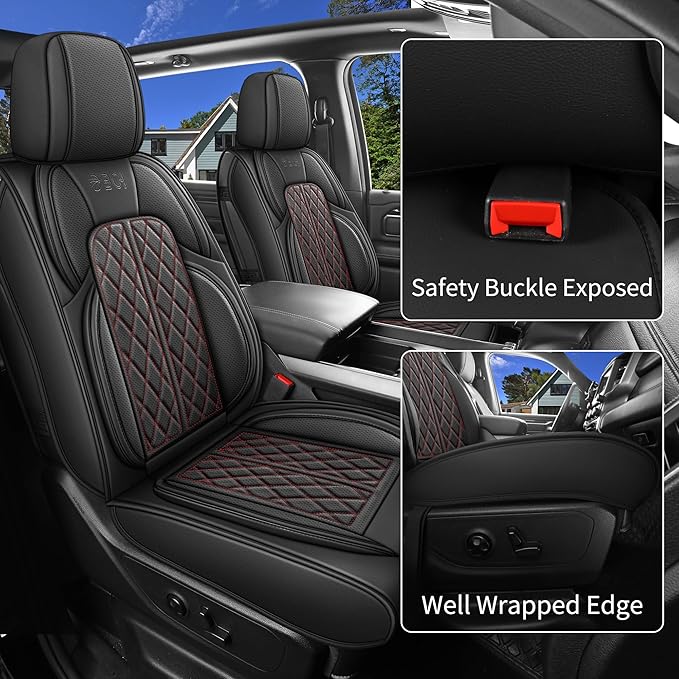 Car Seat Cover Custom Fit for Dodge Ram 1500 2500 3500 2002-2025 Faux Leather Seat Cover Set Compatible with Crew Quad Regular Cab Pickup Truck Cushions (Black Redline, Full Set, Curved Rear)