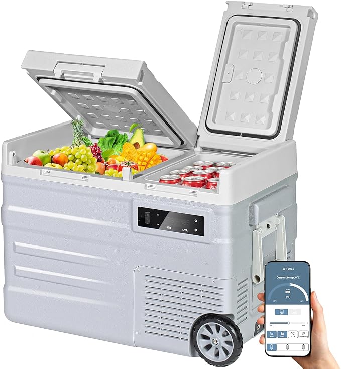 ELECAENTA 12 Volt Refrigerator, 43qt Dual Zone Car Fridge, Portable Freezer -4℉~68℉, Support DC/AC/Solar (Detachable Battery Optional), Electric Cooler for Camping Travel Fishing Road Trips