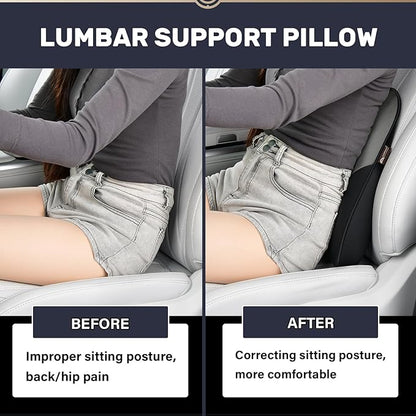 Coverado Lumbar Support Pillow for Car, Ergonomic Memory Foam Back Pillow for Office Chair, Back Cushion for Back Pain Relief, PU Leather Car Lumbar Support for Driving Seat - Black&Gray