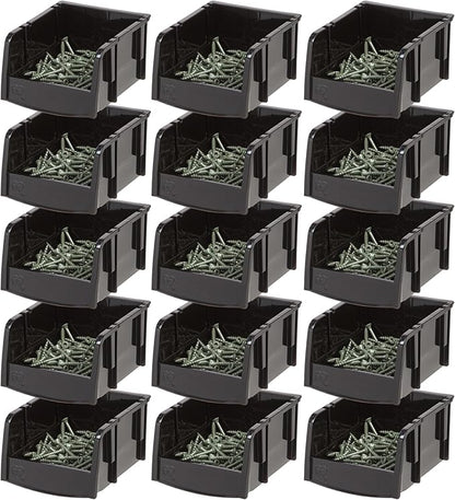 IRIS USA Stackable Bins, 5.5 x 4.5 x 3 inch, Plastic Hanging Open Front Shelf Bin Storage Organizer for Hardware, Craft Supplies, Small Parts, Nuts and Bolts, Garage Organization, 15 Pack- XS, Black