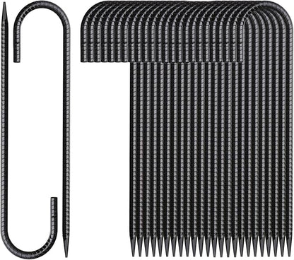 16 Inch Rebar Stakes J Hook 26 Pack Ground Stakes Heavy Duty Tent Stakes with Chisel Point End Chain Link Fence Stakes Galvanized Steel Ground Anchors Metal Spikes Black Coated