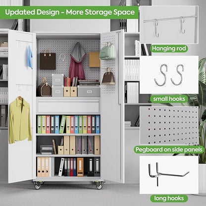 71" Metal Garage Storage Cabinet with 16 Hooks and Pegboards,1 Drawer Inside Rolling Tool Storage Cabinet with Adjustable Shelves,3 Metal Hanging Rod for Garage,Warehouse(Grey/White)