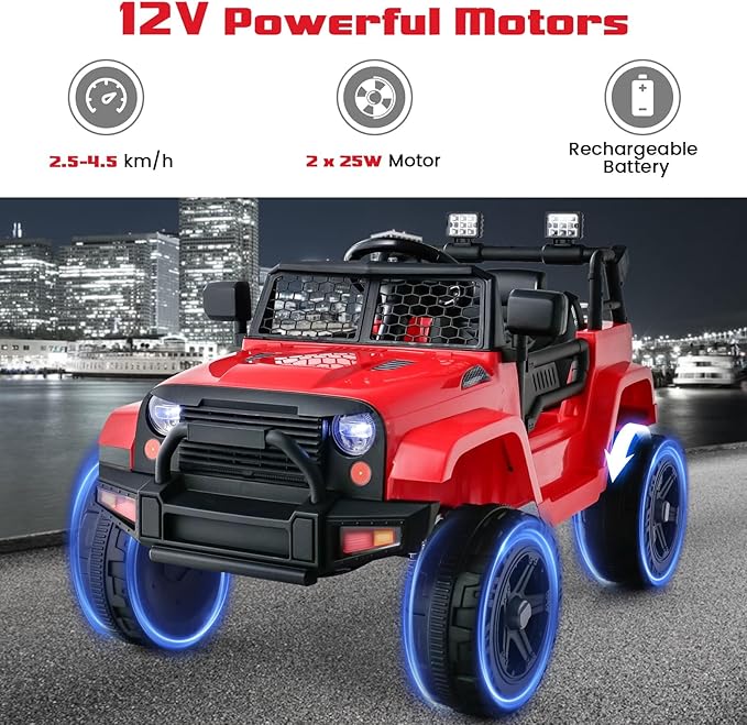 OLAKIDS Kids Ride On Truck, 12V Electric Vehicle Jeep Car with Remote Control, Toddlers Battery Powered Toy with 2 Speeds, Spring Suspension, Double Open Doors, LED Lights, Music, TF,USB, Mp3 (Garnet)