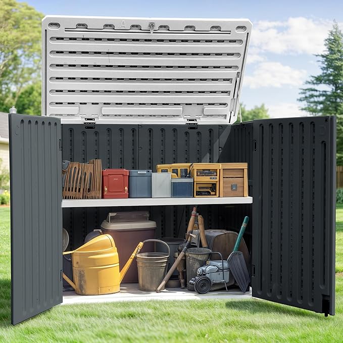 GOOBED Horizontal Shed with Padlock Latch, Outdoor Storage Shed for Backyard and Garden, 35 Cu Ft Small Storage, Waterproof, Easy Assembly, Dark Gray