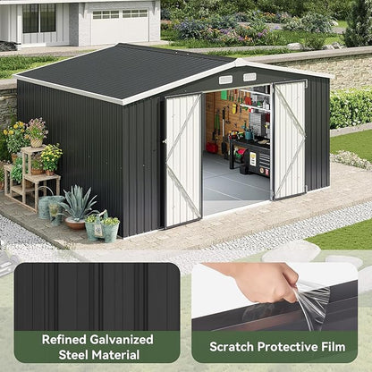 Aoxun 12x10 FT Shed Metal Outdoor Waterproof Storage Shed Steel Utility Garden Tool Shed with Door & Lock Outdoor Storage for Garden Patio Lawn Poolside, Black
