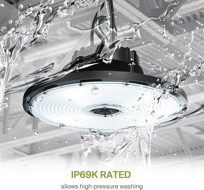 ASD LED High Bay UFO Light Fixture, Commercial Shop Lighting | Dimmable, IP69K Waterproof, DLC Premium, UL Listed | 500W 71400LM 5000K 100-277V | Warehouse, Garage, Workshop Lamp | Black