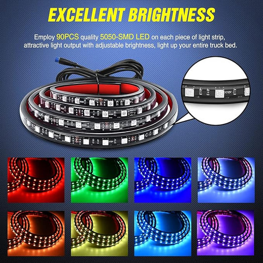 Nilight 3PCS 60 Inch RGB Truck Bed Light Strip Kit 270 LED Neon Accent Lights with RF Remote On Off Switch Splitter Extension Cable for Cargo Pickup Truck Camper RV SUV Boat