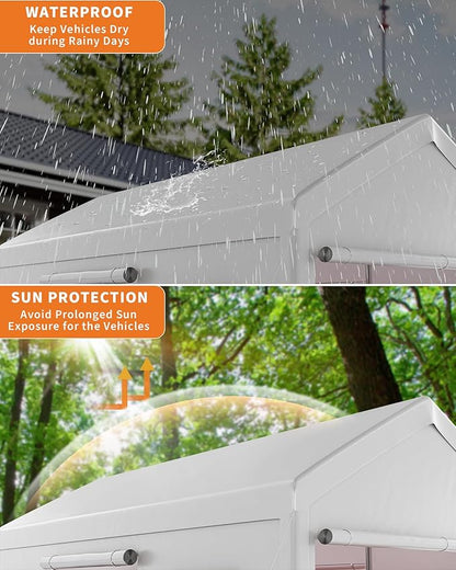 10 x 20ft Heavy-Duty Carport with Roll-Up Windows & Removable Sidewalls & Doors Thickened Wind Ropes, Ground Nails, Portable Car Tent Garage for Cars, Trucks, Boats, 180G Durable Tarp Cover,White