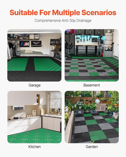 VEVOR Interlocking Drainage Mat, 50 Pcs Modular Interlocking Cushion, 12” x 12” Splicing Drainage Mats, Non-Slip Green PP Drainage Floor Tile and Shower Mat, for Garage, Garden, Kitchen & Outdoor