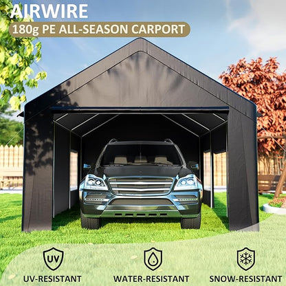 Carport 12' x 20' Heavy Duty Portable Garage, Carport Canopy with Side-Opening Door & Roll-Up Windows, Car Canopy Reinforced Four-Hole Base for Car, Truck, Boat, Party, Black