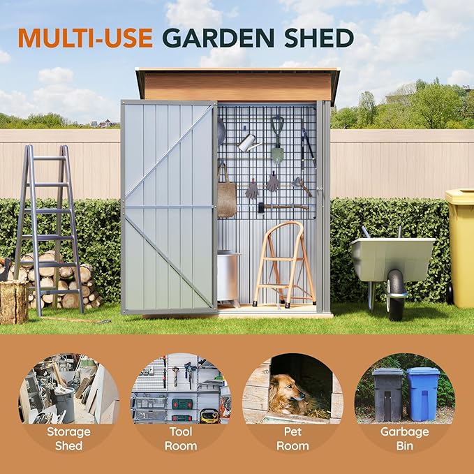 5x3FT Multi-Used Shed & Outdoor Storage Shed with Floor Frame, Lockable Doors, Compact Metal Tool Shed for Garden, Backyard, Patio, Utility, and Various Storage(Matte Gray)