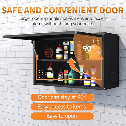 Metal Garage Wall Cabinet with Up-Flip Door, Black Float Tool Cabenit with Adjustable Shelf,Upper Storage Cabinets with Pegboard for Kitchen,Garage,Workshop,Warehouse (19.7" H,Black)