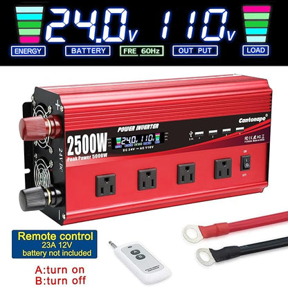 2500W Power Inverter 24V to 110V/120V DC to AC with LCD Display, Remote Controller 4 x AC Outlets and 4 x 3.1A USB Car Adapter for Car Truck Boat RV Solar System