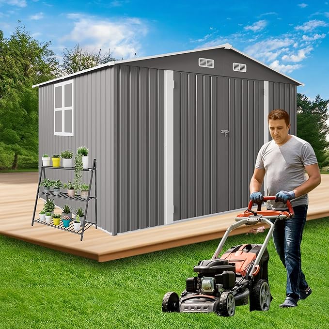 8X10 FT Outdoor Storage Shed with Window, Metal Sheds & Outdoor Storage with Lockable Door and 4 Vents, Outside Storage Shed Waterproof for Backyard, Garden, Patio, Gray