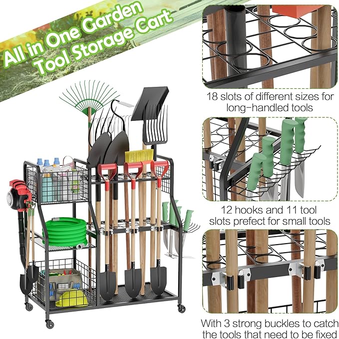 Garden Tool Organizer for Garage, 3 Tier Utility Yard Tool Organizer and Storage Holder with Wheels, Large Garden Tool Rack with Extra Storage Basket for Shed/Garage/Yard/Basement/Lawn
