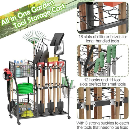 Garden Tool Organizer for Garage, 3 Tier Utility Yard Tool Organizer and Storage Holder with Wheels, Large Garden Tool Rack with Extra Storage Basket for Shed/Garage/Yard/Basement/Lawn