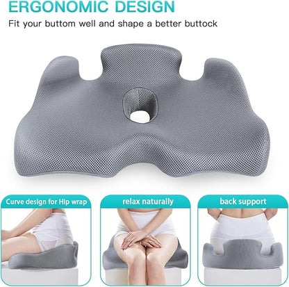 Benazcap Memory Seat Cushion for Office Chair Sciatica & Back Pain Relief Memory Foam Firm Coccyx Pad for Car, Wheelchair, Gaming Chair and Desk Chair, Gray