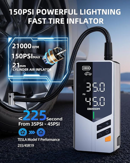 Portable Car Jump Starter with Air Compressor, 150PSI Tire Inflator with 44.4Wh Battery, car Battery Jump Starter for 6.0L Gas, Fast Inflation Pump with Bulite-in Nozzle Storage, LED Light for Car