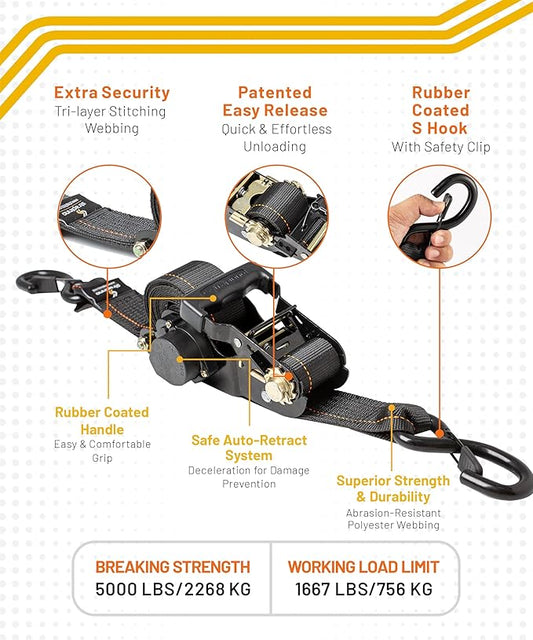 Strapinno Retractable Ratchet Tie-Down Straps,5,000 lbs Breaking Strength- 2 in x 12 ft Heavy Duty Ratchet Strap with Safety Lock S Hooks for Motorcycles, ATVs, UTVs, Lawn Equipment & Cargo (Black)