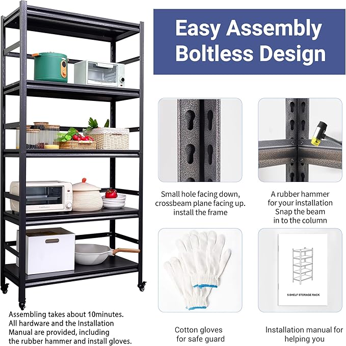 TOPKEY Metal Storage Shelf Garage Storage Shelves, Heavy Duty 5-Tier Utility Shelves for Kitchen, Warehouse, Pantry Shelves with Wheels, 72" H Adjustable Basement Storage Rack, Load 1750LBS