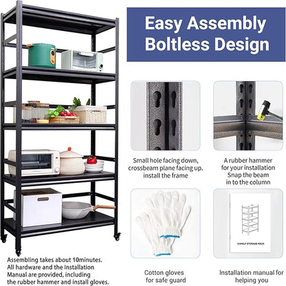 TOPKEY Metal Storage Shelf Garage Storage Shelves, Heavy Duty 5-Tier Utility Shelves for Kitchen, Warehouse, Pantry Shelves with Wheels, 72" H Adjustable Basement Storage Rack, Load 1750LBS