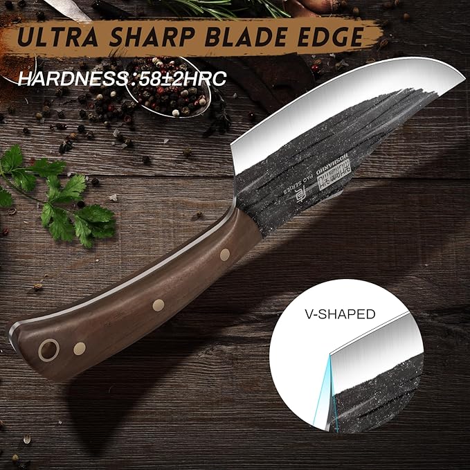 Butcher Knife Set, Hand Forged Butcher Chef Knife Set with Roll Bag, Sharp Meat Cleaver Knife & Bone Chopper Knives & Fillet Knives for Home & Camping & BBQ Gift for Men