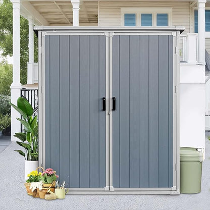 5 X 3 Ft Outdoor Storage Shed with Floor, Weatherproofing Garden Tool Shed with Lockable and Sloping Roof Design, Outdoor Resin Shed Cabinet for Backyard Patio and Garden (White+Gray)