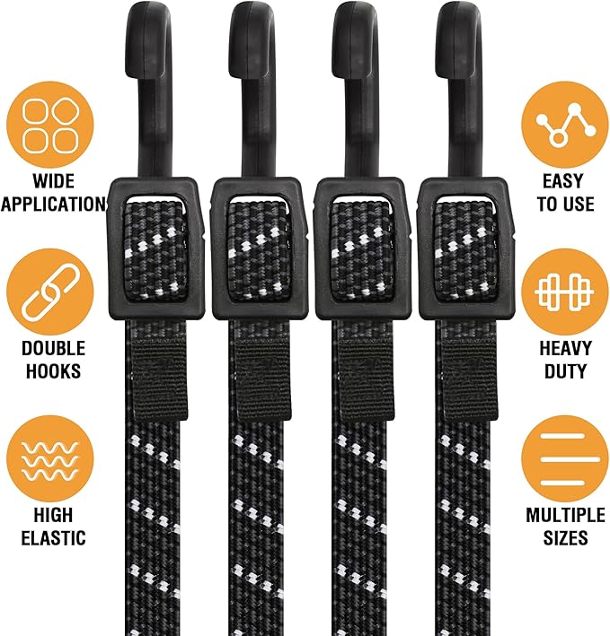Bungee Cords with Hooks Heavy Duty, Flat Adjustable Bungee Cords with Hooks 40 Inch, Reflective Rubber Black Bungee Straps with Buckle Hooks for Outdoor, Camping, Tarps, Bike Racks, Tents, Black