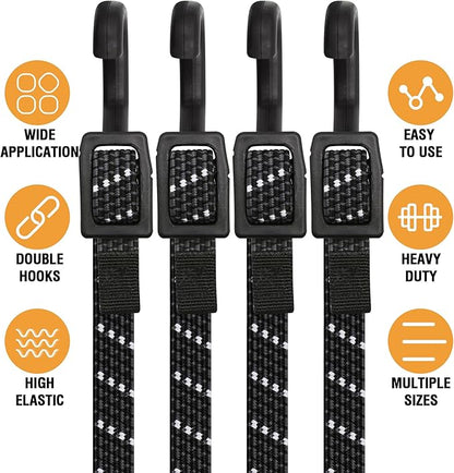 Bungee Cords with Hooks Heavy Duty, Flat Adjustable Bungee Cords with Hooks 40 Inch, Reflective Rubber Black Bungee Straps with Buckle Hooks for Outdoor, Camping, Tarps, Bike Racks, Tents, Black