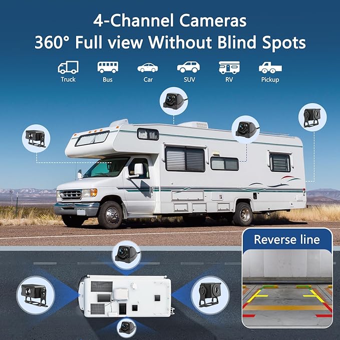 4 Channel Backup Camera System,Touchable 10.26 inch Monitor with DVR Stereo, 64GB Card, IP69 Waterproof, Nightvision 1080P Backup Camera for RV/Truck/Trailer Pickup,Rear Side Front Wired System