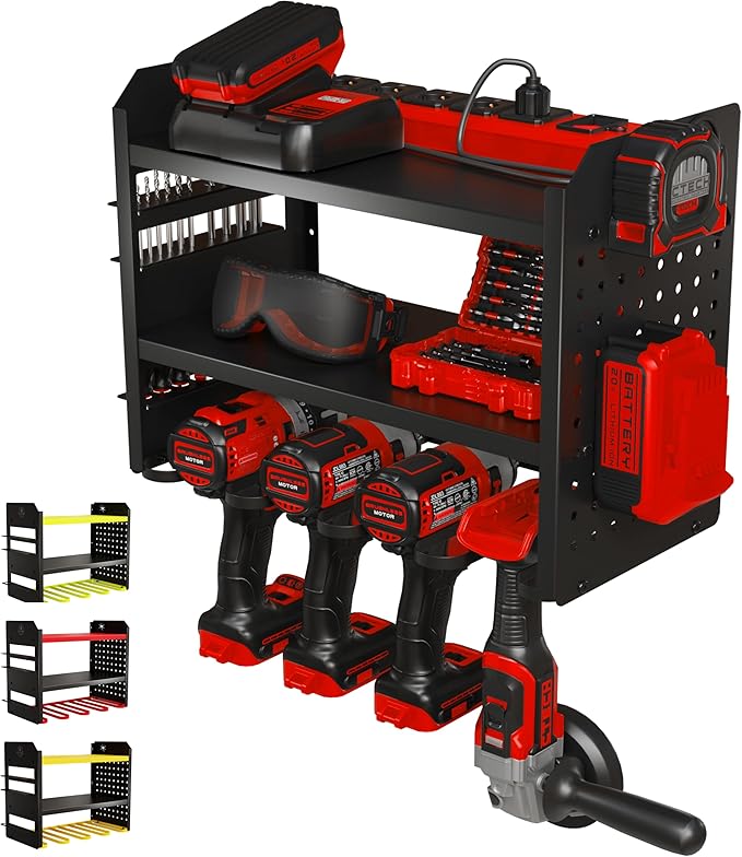 Power Tool Organizer Wall Mount - 3-Tier Heavy-Duty Metal Hand Tool Storage Rack, Utility Racks, Drill Holder, PegBoard Side, & More - Garage Storage Cordless Tool Organizer (Black)