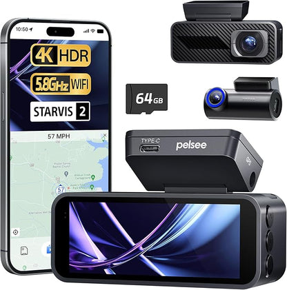 Pelsee P1 Pro Dash Cam Front and Rear, STARVIS 2 Sensor, 4K Dual Dash Camera for Cars with Full-Color Night Vision, HDR WDR, ADAS, GPS, WiFi & Voice Control, 24H Parking Mode, 3.39" Screen, 64GB Card