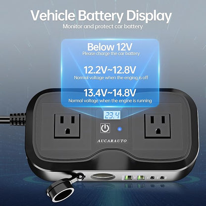 7 in 1 Car Power Inverter, 200W DC 12V to 110V AC Car Inverter with LED Voltmeter, 4-Port PD/QC3.0 Charge, 2 Car Outlets and Cigarette Lighter Adapter USB C Car Charger for All Car Devices