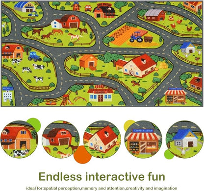 STARUIA Washable Kids Carpet Playmat Rug for Boys Room, 79"x39" Large Toddler Car Rug for Kids Toy Cars, Fun Learning Farm Play Mat Road Rugs for Kids Room Bedroom Playroom