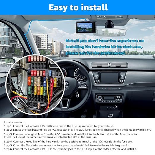 Radar Detector Hardwire Kit,Compatible with Escort Valentine One Uniden Beltronics Cobra,with RJ-11 Telephone Style Jack Direct Wire Wiring Kit Multiple Fuse Sizes Power Cord Cable