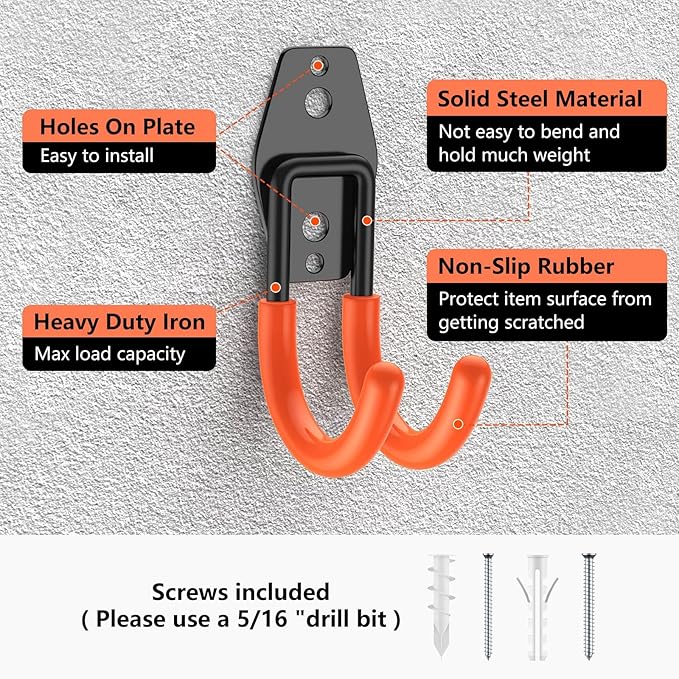 8 Pack 4.7x2.6 Inch Utility Steel Wall Mount Heavy Duty Garage Hooks with Anti-Slip Coating,Storage More Yard,Garden and Power Tools and for Hanging Hose,Ladder and Bike