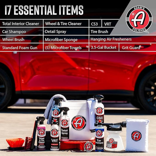 Adam's Essential Car Wash Kit (17-Item) - Auto Detailing Car Care Cleaning Kit with Foam Gun & Bucket Car & Truck Lovers, Dads, Moms and DIYers