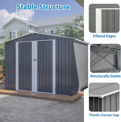 8 x 6 FT Outdoor Storage Metal Shed, Bike Garden Tool Shed with Slooping Roof, Lockable Doors and Aluminum Frames, Shed Easy to Assemble for Garden, Patio, Lawn, Grey
