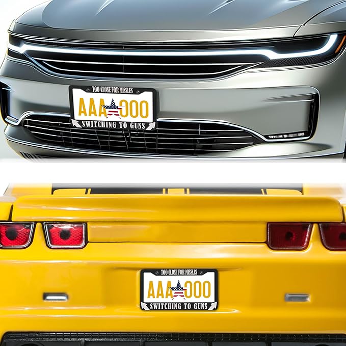 License Plate Frames Black and White License Plate Cover Too Close Missiles Switching to Guns Aluminum Metal Car Accessory 2 Pack with Screw Covers Set